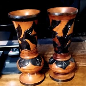 Hand Carved Wood Pineapple Leaves and Flower 10 inches Tall